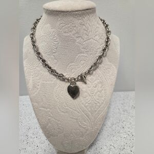 Silver Tone Toggle Chain Necklace with Heart Charm | Chunky Statement Jewelry